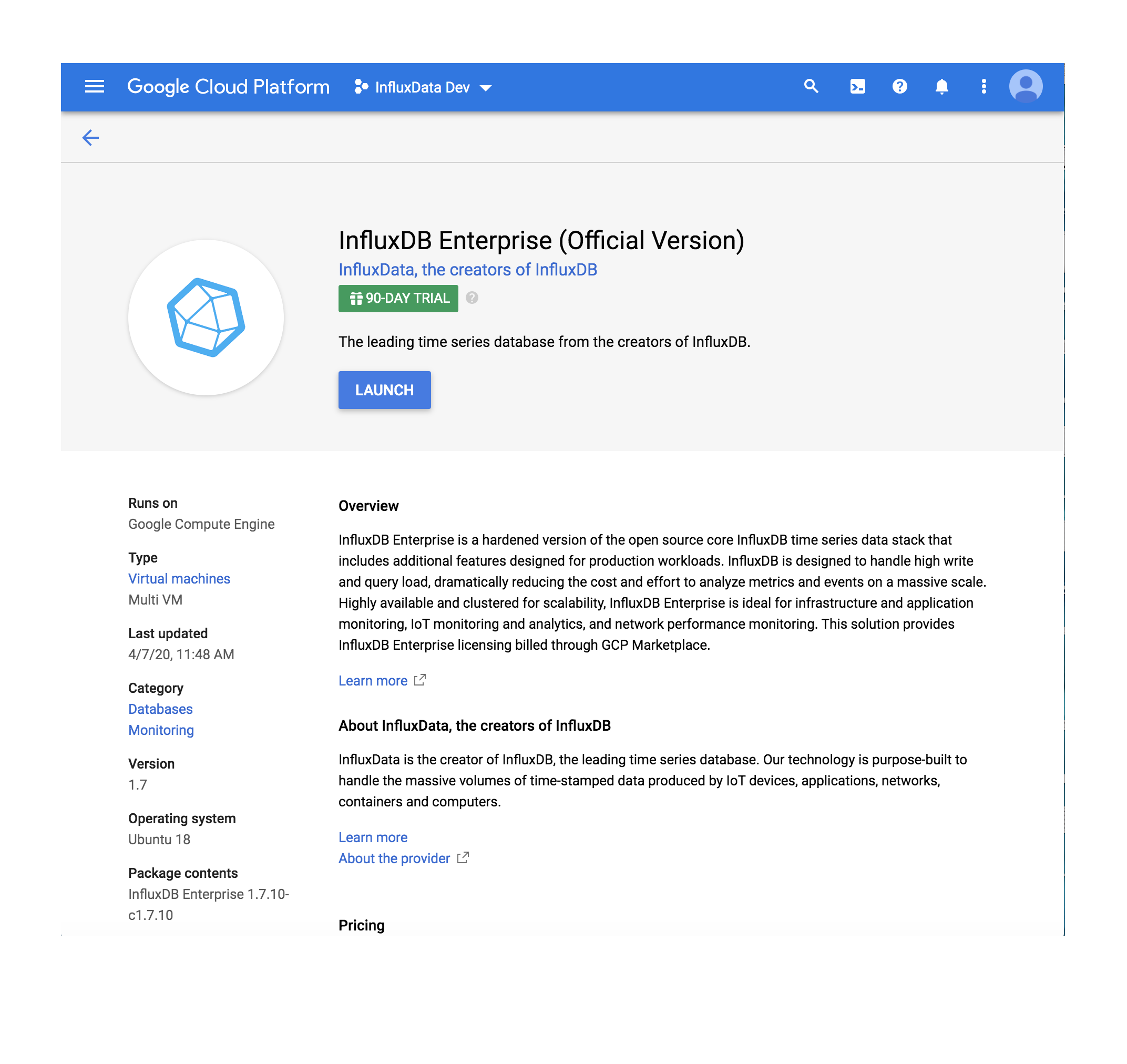 GCP InfluxDB Enterprise solution page