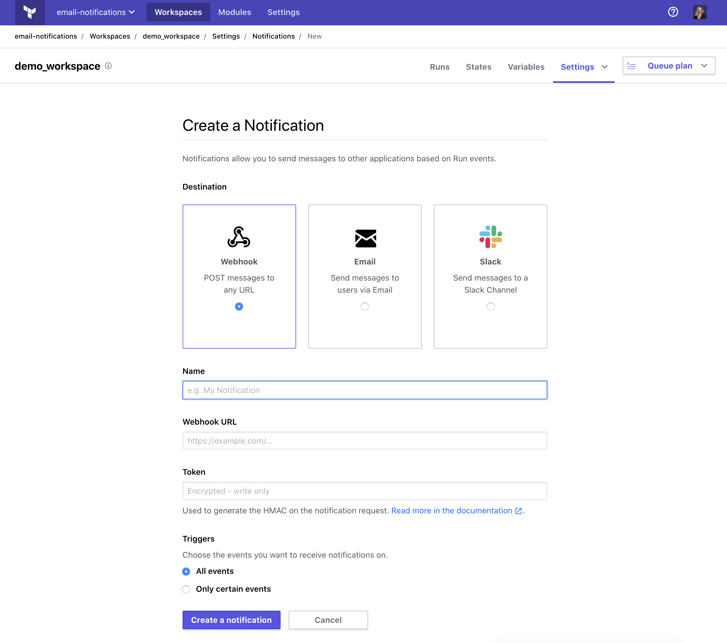 Screenshot: a generic notification configuration page